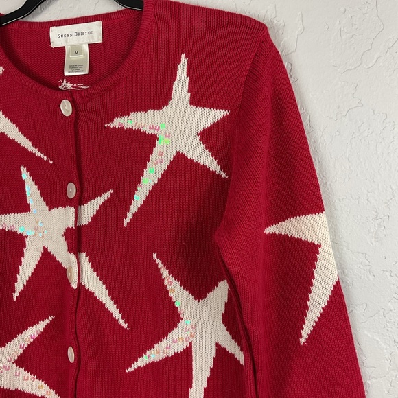 Susan Bristol Red and White Star Button Down Cardigan Sequin Sz Small - Picture 4 of 9